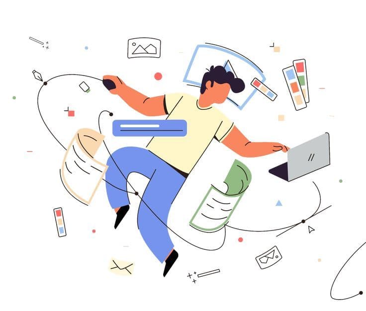 Illustration : une personne qui apprend l’IA, entourée de ressources